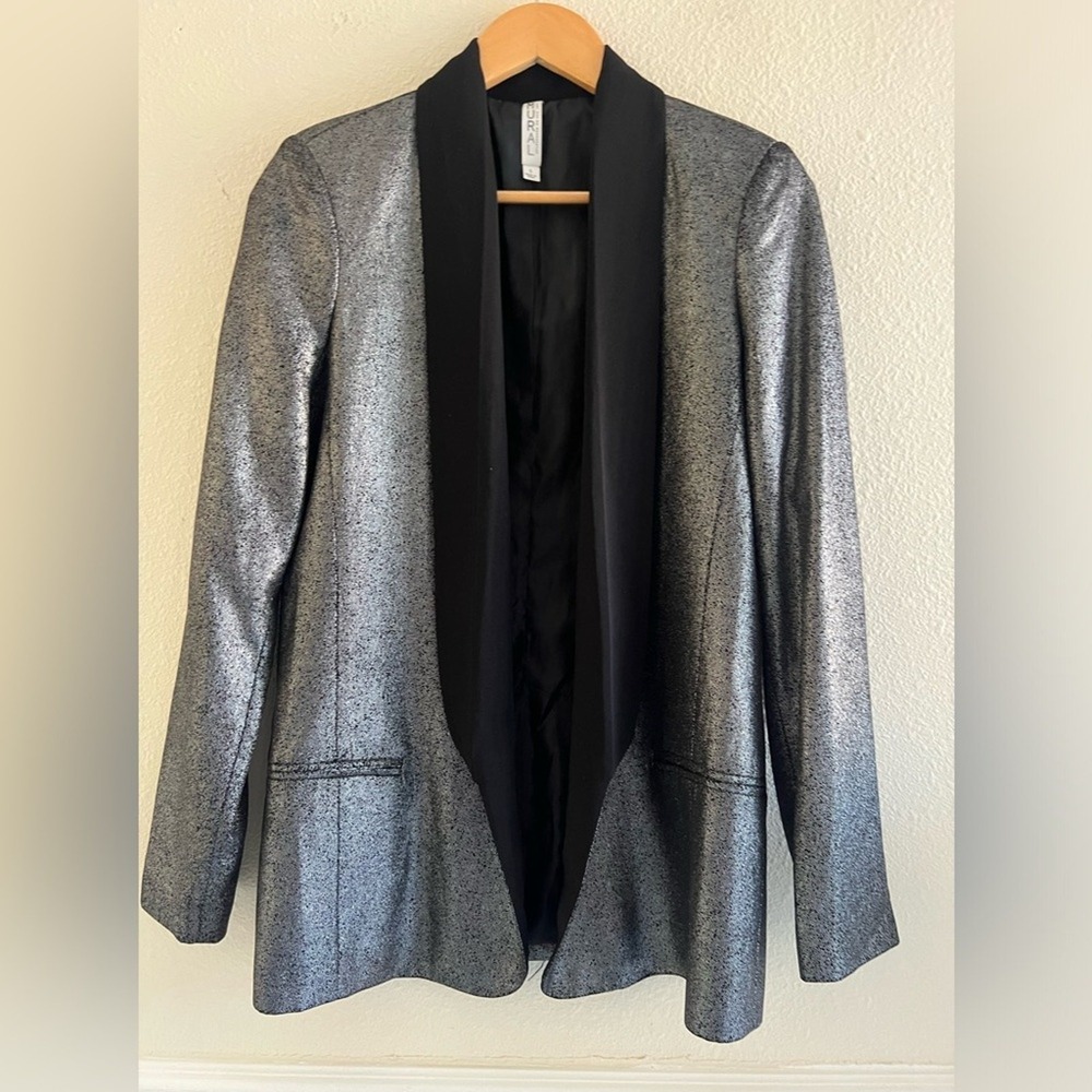 Mural Metallic Blazer Jacket Size Small Silver Black Tuxedo Lapel Open Front Lux